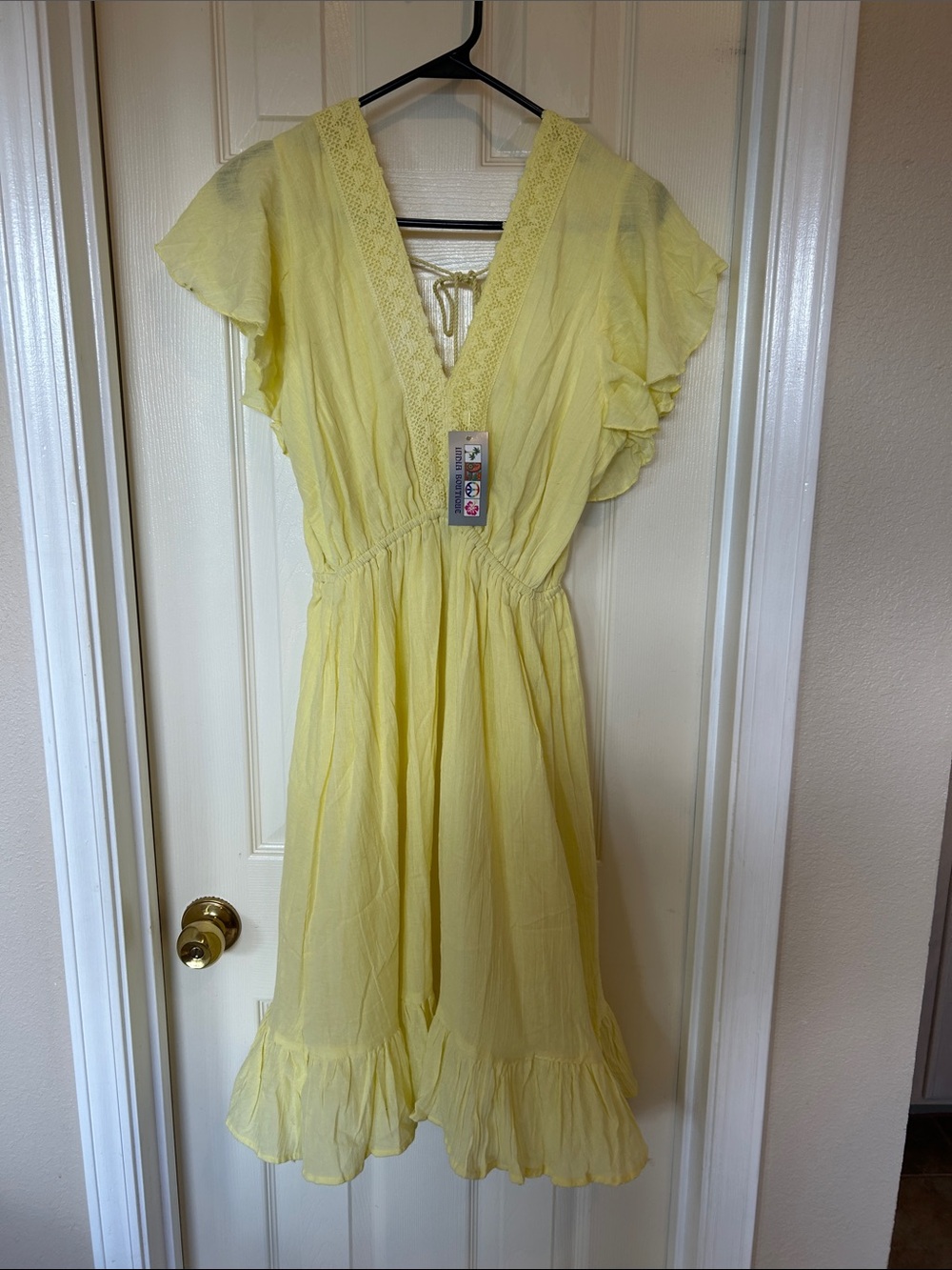 100% cotton Light Yellow V-Neck Ruffle Midi Dress